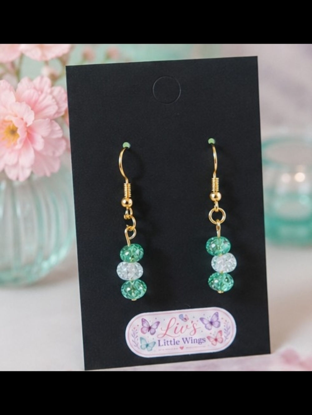 Green & White Crystal Bead Drop Earrings
